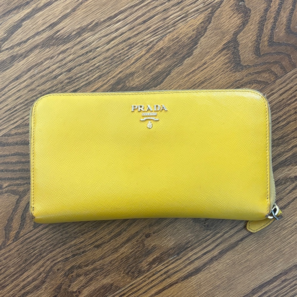 Prada  Saffiano leather Yellow Zip Wallet with Gold Logo
